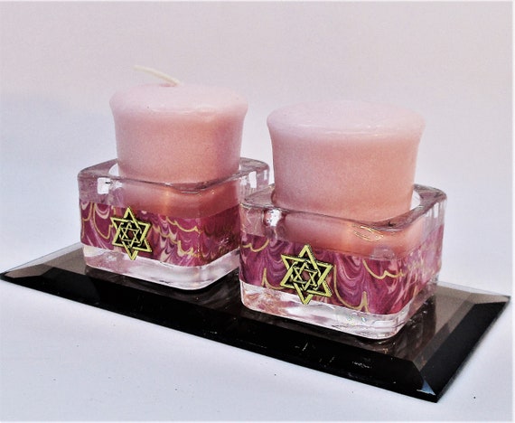 Shabbat Candles, Holders, and Mirrored Base - Pink Watercolor with Gold Threads