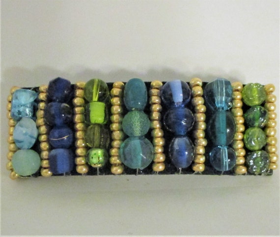 Large "Tapestry Beaded"  Barrette - Blue, Green, … - image 1