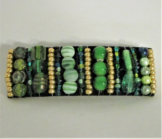 Large "Tapestry Beaded"  Barrette - Gold and Green