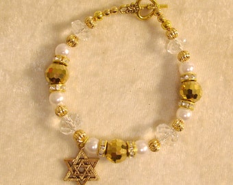 Pearls and Gold Star of David Bracelet