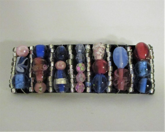 Large "Tapestry Beaded"  Barrette - Pinks and Blue - image 1