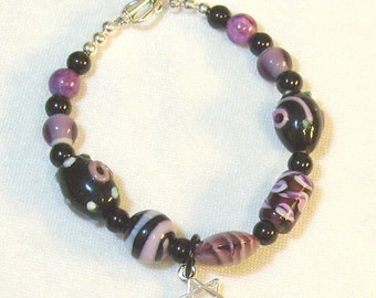 Lavender and Black Lampwork Beaded Bracelet