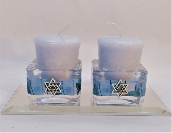 Shabbat Candles, Holders, and Mirrored Base - Water Lilies
