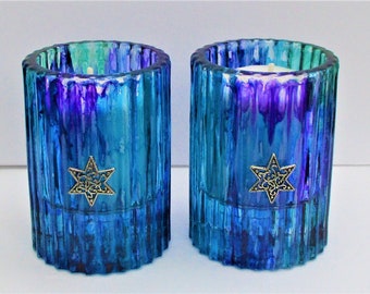 Painted Shabbat Candle Holders - Peacock Colors