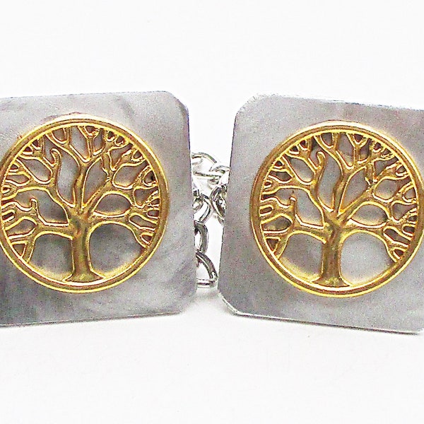 Tallit Clips - Gold Encircled Tree of Life on Brushed Aluminum