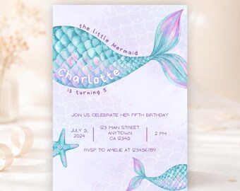 Mermaid Invite, Girl's Birthday, Mermaid Party, editable on canva, Din A6