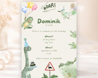 Birthday Invite, Dinosaur Party, Digital Invite, 5x7 and DIN A6