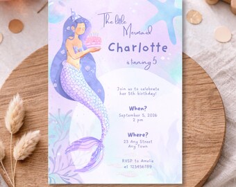Mermaid Invite, Girl's Birthday, Mermaid Party, editable on canva, 5x7