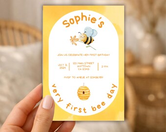 1st Birthday Invitation,  first bee day, Digital Invite, Editable, Canva, DIN A6 adjustable