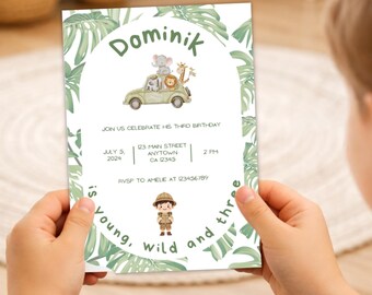 3rd birthday invitation, 3rd birthday boy, young wild three, editable, DIN A6 (adjustable)