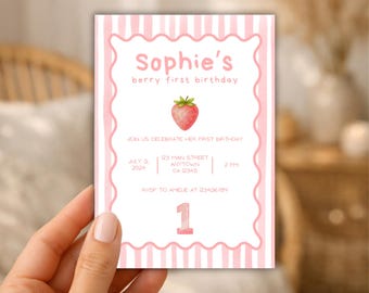Berry First Birthday Invitation, 1st Birthday Invitation, Digital Invite, Stripes Editable, Canva, DIN A6 adjustable