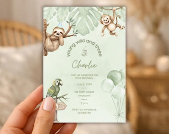 3rd birthday invitation, 3rd birthday boy, young wild three, editable, DIN A6 (adjustable)