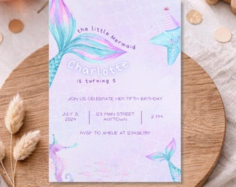 Mermaid Invite, Girl's Birthday, Mermaid Party, editable on canva, 5x7, Din A6