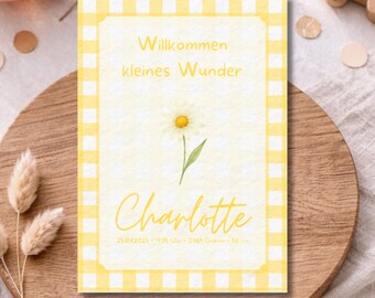 Birth flower, birth announcement card, digital, personalized birth flower, birth gift, April daisy, name and flower, 5x7, DIN A6