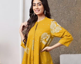 Mustard Floral Women Tunic, White Indian Ethnic Wear, Handmade Summer Boho Top