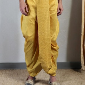 Handmade Self Design Dhoti, Golden Faux Silk Mens Bottom