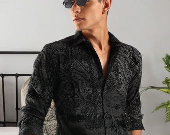 Handmade Textured Cotton Shirt, Black Mens Slim Fit Top