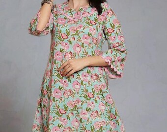 Handmade Cotton Lounge Set, Blue Pink Floral Tunic and Pants