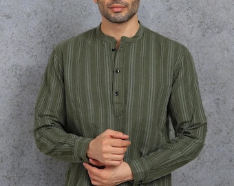 Handgemachte Gestreifte Kurta, Oliv Weiß Baumwolle Indische Tunika
