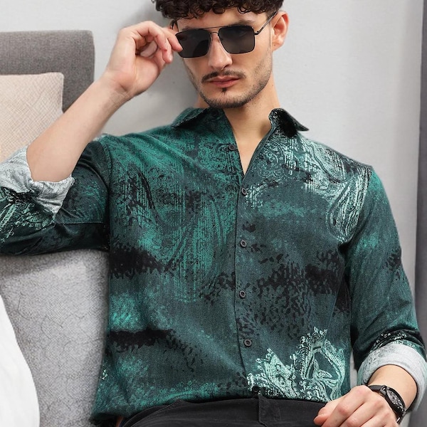 Handmade Abstract Print Shirt, Green Cotton Mens Slim Fit
