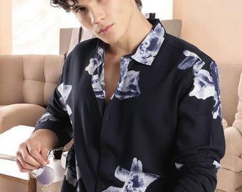 Multicoloured Floral Men Shirt, Tropical Botanical Casual Top, Handmade Boho Festive Clothing