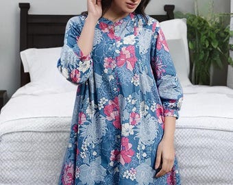 Túnica floral hecha a mano, blusa de algodón azul y rosa de corte en A, estilo étnico