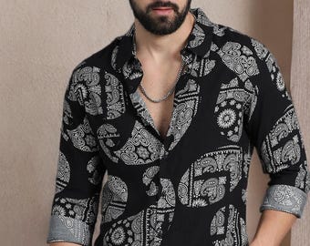 Black Paisley Printed Top, White Indian Ethnic Wear, Handmade Summer Boho Men Clothing