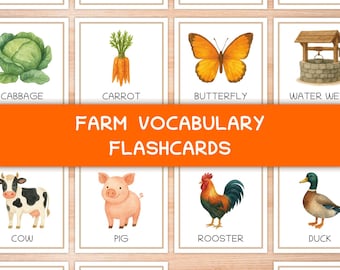 Vocabulary Flashcards for Kids, Printable Farm Animals, Tools & Nature Cards, English Learning Game PDF