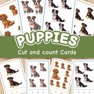 Puede incluir: Tarjetas didácticas con ilustraciones de cachorros. Las tarjetas están diseñadas para practicar el conteo, con números y cantidades variables de cachorros en cada tarjeta. El texto "PUPPIES" y "Cut and count Cards" se muestra en las tarjetas.