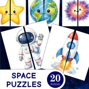 Puede incluir: Rompecabezas de acuarela con temática espacial que presentan una estrella amarilla, la Tierra, una explosión colorida, un astronauta y un cohete. El conjunto incluye 20 rompecabezas. Las palabras "SPACE PUZZLES" están impresas en azul y blanco.