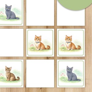 K&ouml;nnte beinhalten: Digitaler Download mit neun quadratischen Karten mit Katzenillustrationen. Die Karten zeigen verschiedene Katzenrassen in einer grasbewachsenen Umgebung mit einem gr&uuml;nen Rand. Der Text "Digital Download", "US Letter (8.5" x 11")" und "A4 (210x297mm)" ist enthalten.