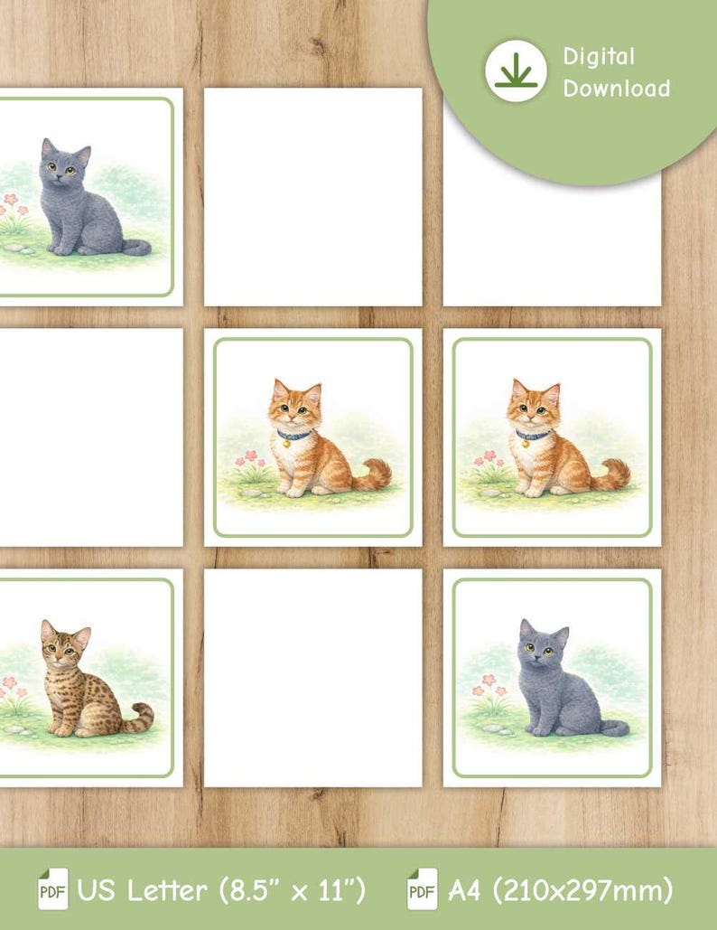 K&ouml;nnte beinhalten: Digitaler Download mit neun quadratischen Karten mit Katzenillustrationen. Die Karten zeigen verschiedene Katzenrassen in einer grasbewachsenen Umgebung mit einem gr&uuml;nen Rand. Der Text "Digital Download", "US Letter (8.5" x 11")" und "A4 (210x297mm)" ist enthalten.