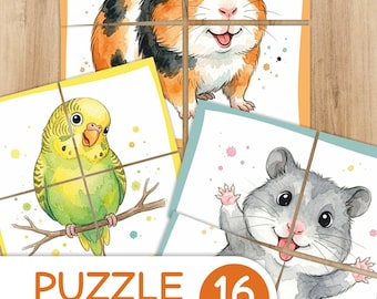 Haustier Puzzle zum Ausdrucken, 4-teilige Puzzlekarten, PDF für Kleinkinder