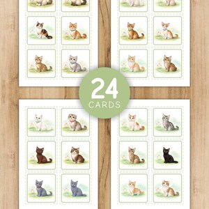 K&ouml;nnte beinhalten: Ein Satz von 24 Karten mit Katzenmotiven, jede mit einer Aquarellillustration einer anderen Katzenrasse. Die Karten sind in einem Raster angeordnet, mit einem gr&uuml;nen Kreis in der Mitte mit der Aufschrift "24 KARTEN". Der untere Teil des Bildes lautet "24 KARTEN | DIGITALE DATEI IM PDF-FORMAT".