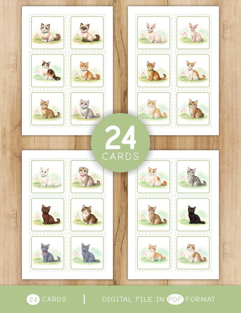 K&ouml;nnte beinhalten: Ein Satz von 24 Karten mit Katzenmotiven, jede mit einer Aquarellillustration einer anderen Katzenrasse. Die Karten sind in einem Raster angeordnet, mit einem gr&uuml;nen Kreis in der Mitte mit der Aufschrift "24 KARTEN". Der untere Teil des Bildes lautet "24 KARTEN | DIGITALE DATEI IM PDF-FORMAT".