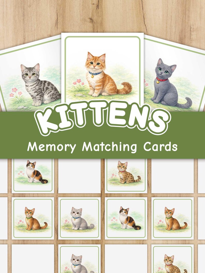 K&ouml;nnte beinhalten: Ein Set Memory-Matching-Karten mit Aquarellillustrationen von K&auml;tzchen. Die Karten zeigen verschiedene Katzenrassen in verschiedenen Farben, darunter Grau, Orange und Schildpatt. Das Wort "KITTENS" wird in gro&szlig;en, wei&szlig;en Buchstaben &uuml;ber den Worten "Memory Matching Cards" angezeigt.