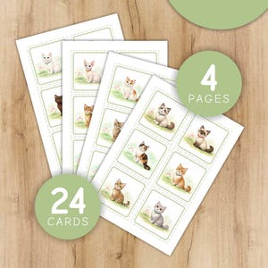 K&ouml;nnte beinhalten: Ein Stapel wei&szlig;er Karten mit Aquarellillustrationen verschiedener Katzenrassen. Jede Karte hat ein Raster von Katzenbildern, insgesamt 24 Karten. Die Karten sind mit "24 CARDS" und "4 PAGES" beschriftet, was auf einen digitalen Download hinweist.