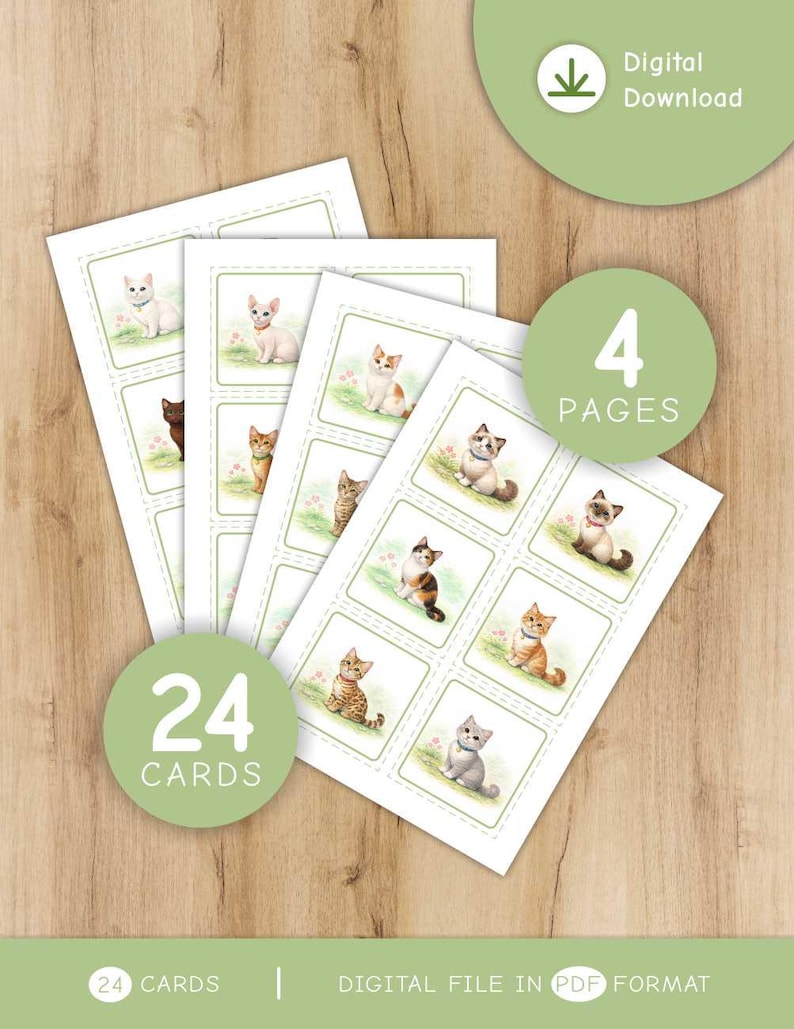 K&ouml;nnte beinhalten: Ein Stapel wei&szlig;er Karten mit Aquarellillustrationen verschiedener Katzenrassen. Jede Karte hat ein Raster von Katzenbildern, insgesamt 24 Karten. Die Karten sind mit "24 CARDS" und "4 PAGES" beschriftet, was auf einen digitalen Download hinweist.