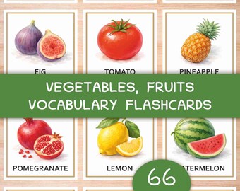 Obst und Gemüse Karteikarten, Aquarell Karten zum Ausdrucken, Englisch Vokabeln, 66 Karten