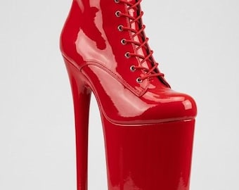 Red Vegan Leather Extreme Platform Stiletto Boots (30cm Heel) – Dance Club Shoes