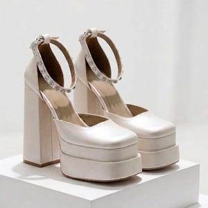 Handmade Pearl White Satin Wedding Heels, 16cm Extreme Block Heel Rhinestone Ankle Strap Wedding Shoes Square Toe White Satin Platform Heels