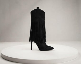 Fransen-Cowboystiefel aus veganem Wildleder, 10 cm Stilettoabsatz, spitze Zehenpartie, Western-Festival-Partyschuhe