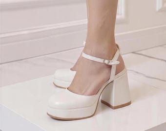 Matt Weiße Braut Plateau Heels, 9 cm Blockabsatz, Vegan Leder Hochzeitsschuhe