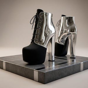 May include: A pair of high-heeled ankle boots. The boots have a black platform sole and a silver metallic upper with lace-up detailing. The heels are also silver. The boots are displayed on a gray square platform.