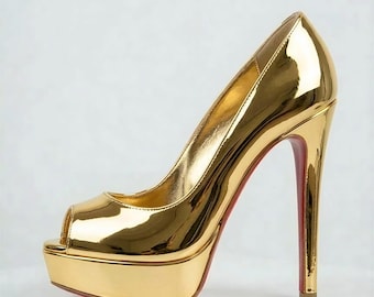 Peeptoe-Plateauschuhe, goldene Lack-Stilettoabsätze | Veganes Leder | 21 cm Absatz, klobige Sohle