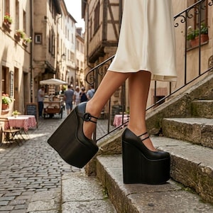May include: Black platform wedge shoes with a buckle ankle strap and a transparent strap across the top of the foot. The shoes have a thick sole and are worn on a cobblestone street.