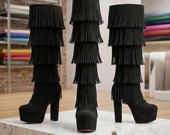 Suede Fringe Platform Boots, High Block Heel, Bohemian Western Style