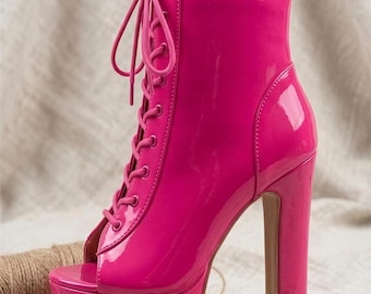 Rosa Lack Schnür-Plateau-Absatz, 21 cm Extrem Hoher Absatz, Gothic Schuhe