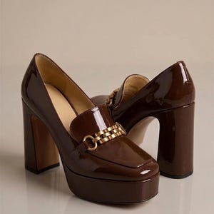 15cm Platform Heels, Retro Chunky Loafer Pumps | Patent Faux Leather | Square Toe, Gold Chain