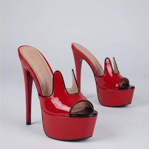 Extreme High Heel Platform Mules Vegan Patent Leather Open Toe Stilettos Special occasion mules with 15 cm heels